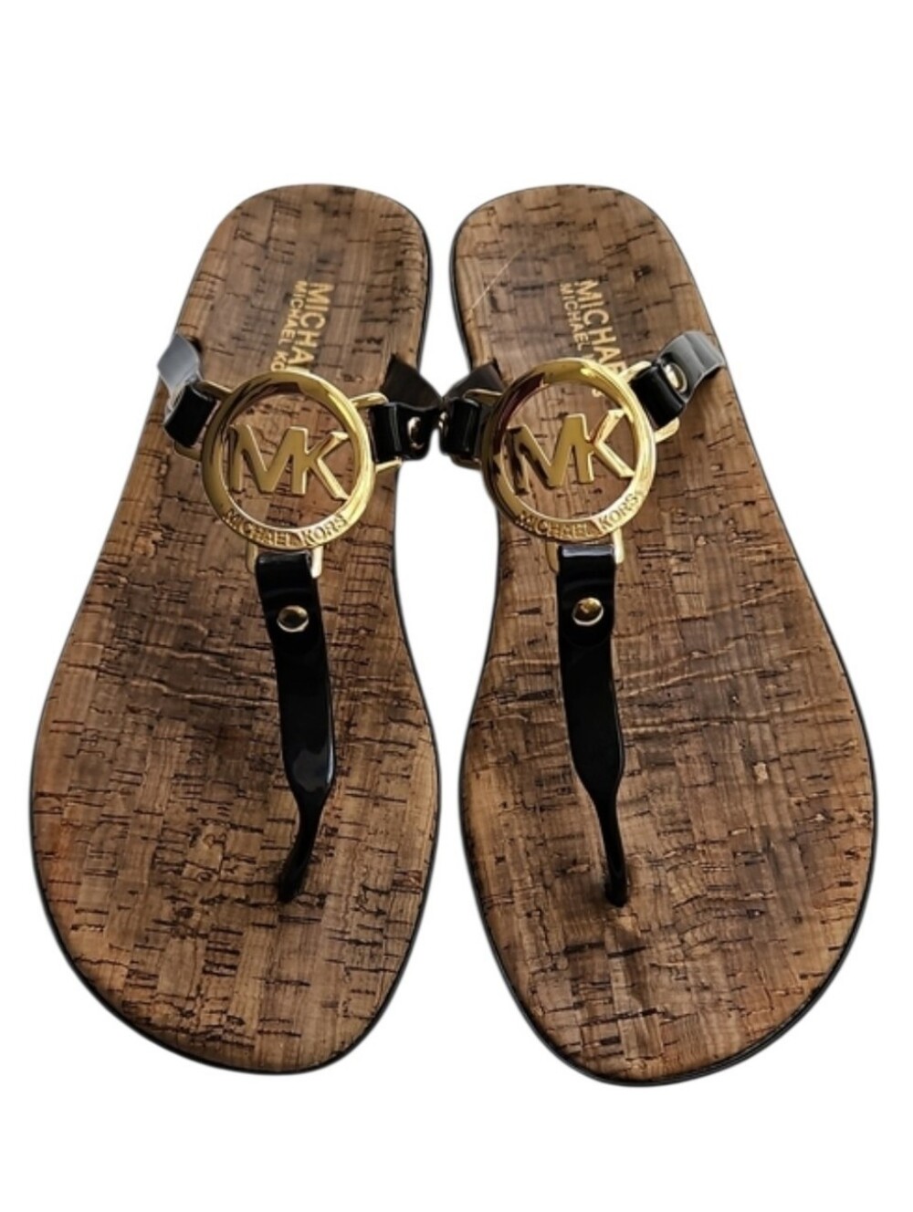 MICHAEL Michael Kors Black/Gold MK Logo Thong Sandals, Size 9